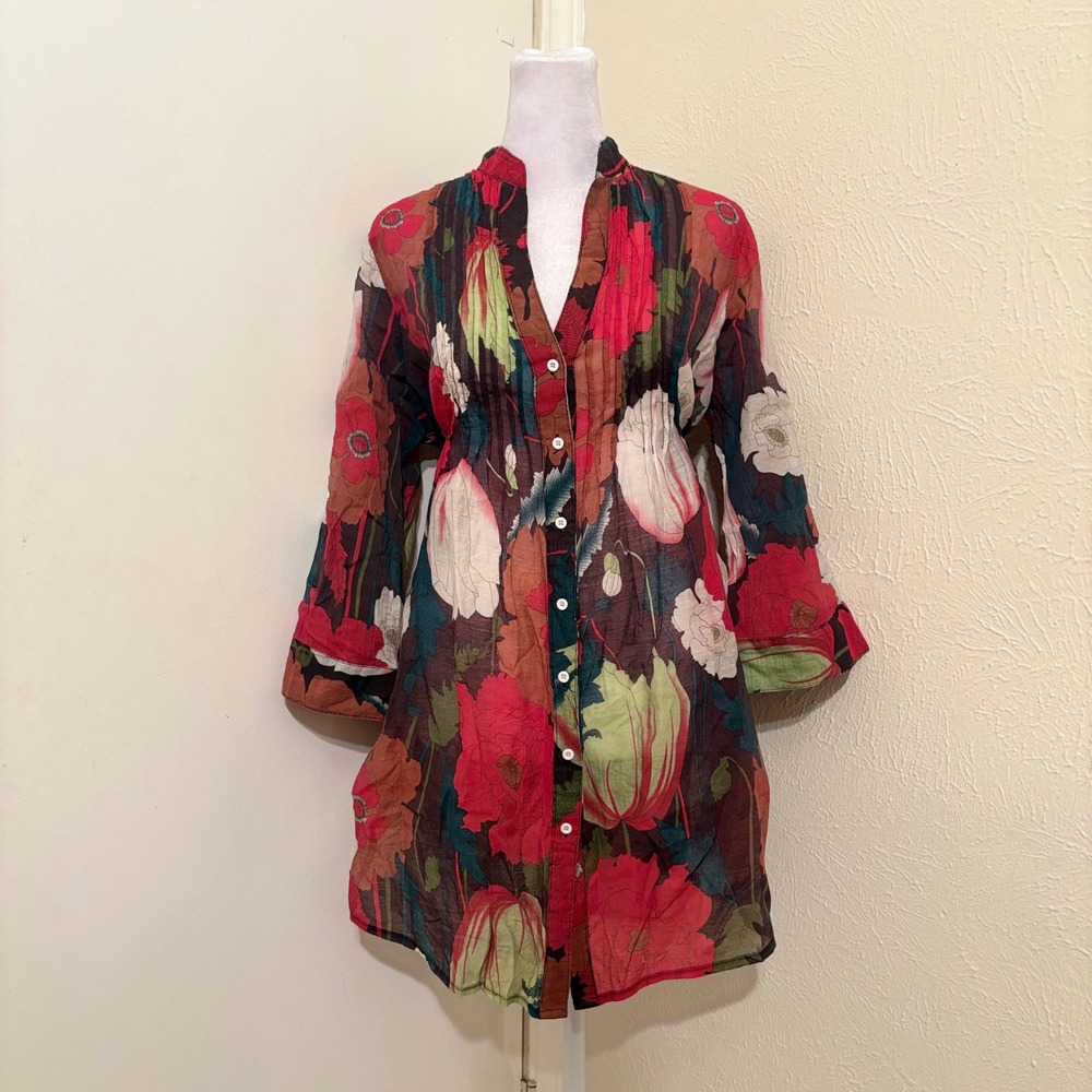 Floral Poppy Sheer Woven Button Up Tie Back Tunic Top Red Green Boho Whimsigoth